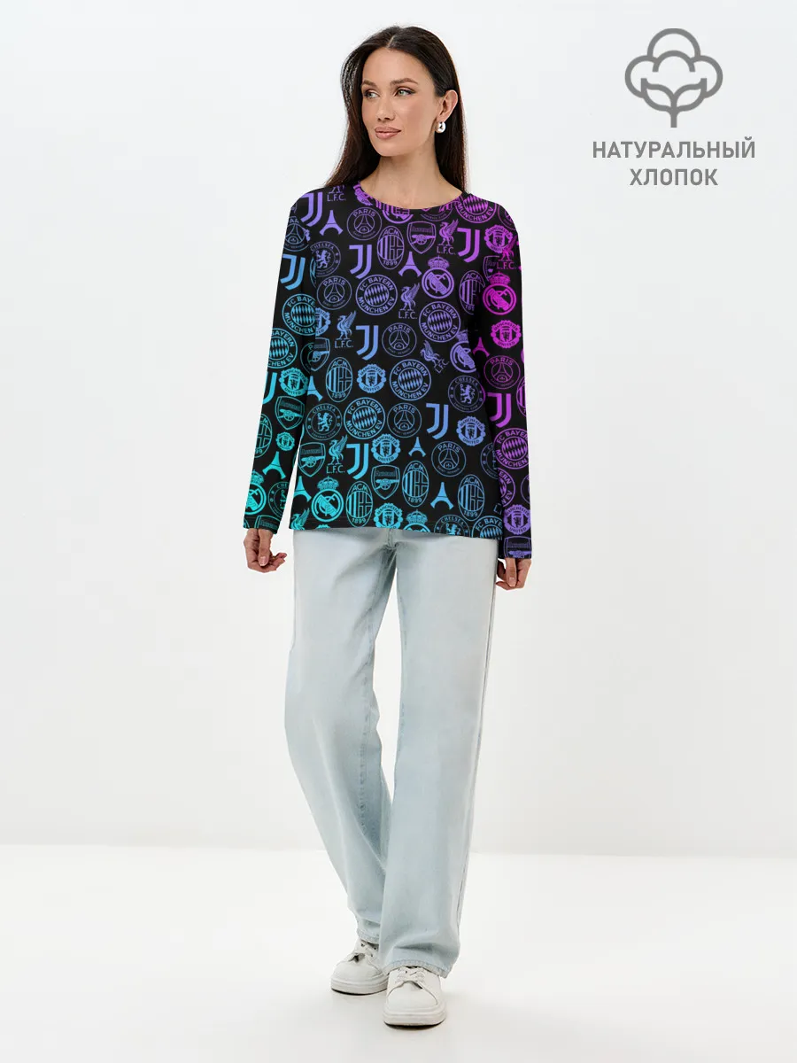 Лонгслив женский. Хлопок / ЛОГО ФУТБОЛЬНЫХ КОМАНД НЕОН