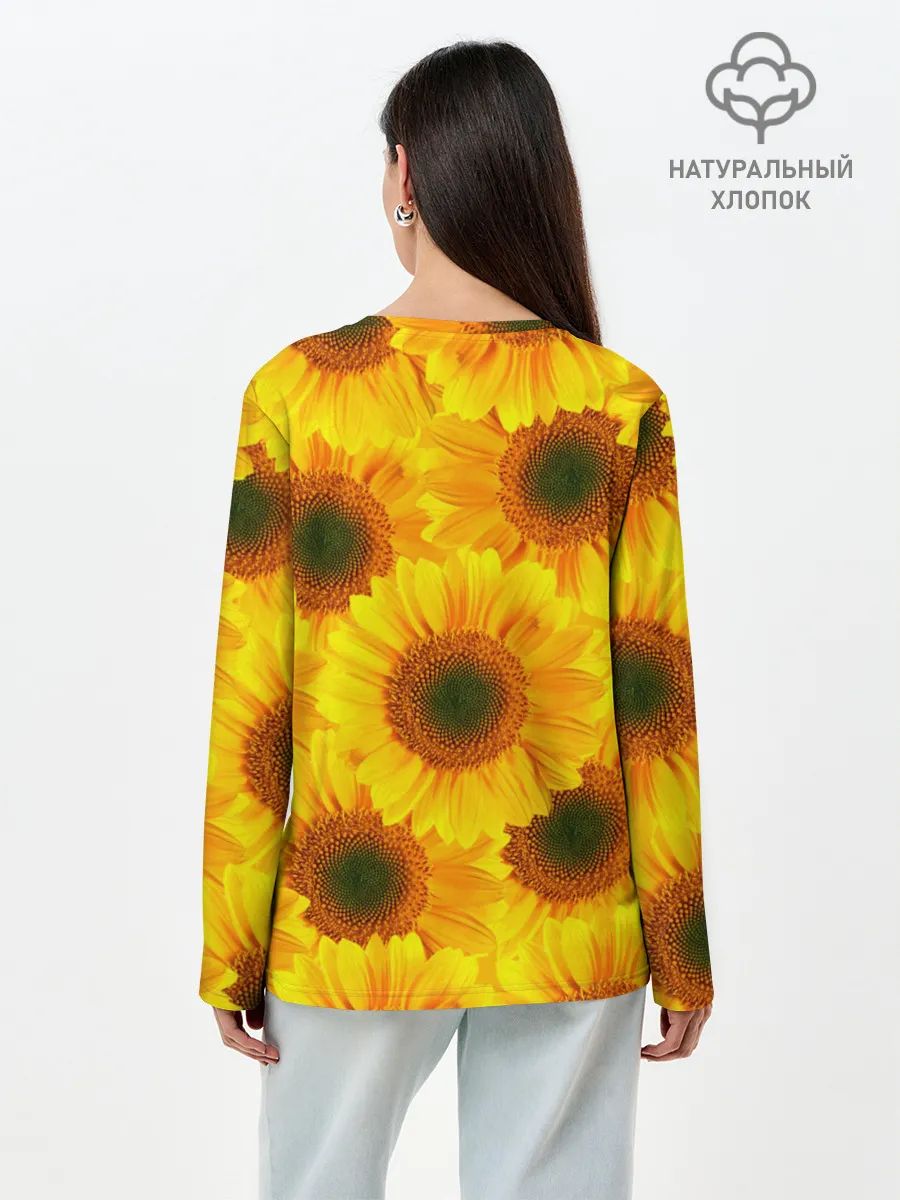 Лонгслив женский. Хлопок / Принт подсолнухи желтый