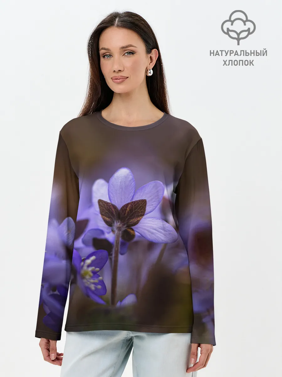 Лонгслив женский. Хлопок / хрупкий цветок фиалка