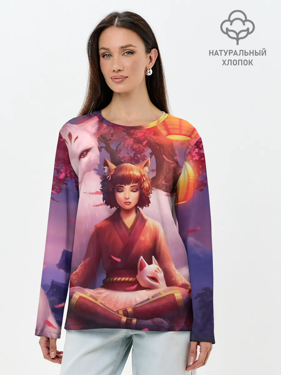 Лонгслив женский. Хлопок / Девушка-лиса