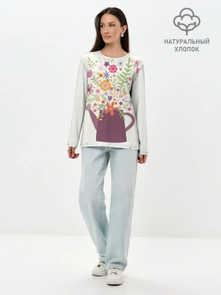 Лонгслив женский. Хлопок / Цветы в чайнике