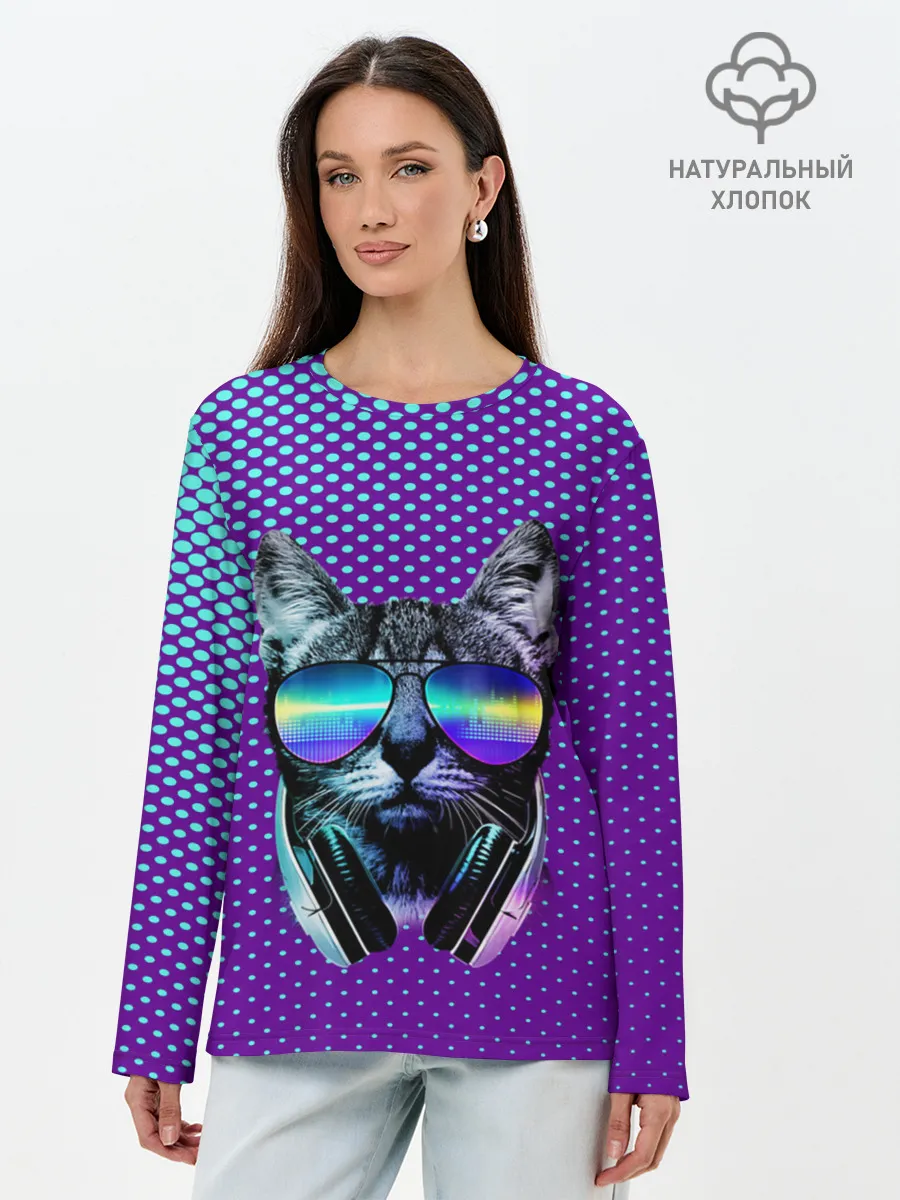 Лонгслив женский. Хлопок / Кот очки наушники модный
