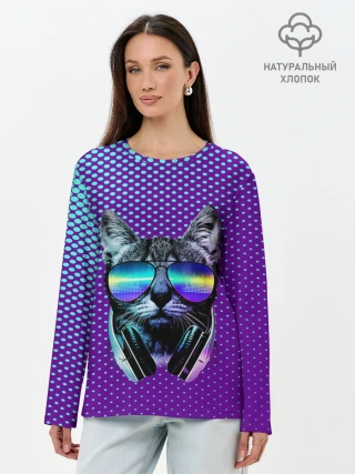 Лонгслив женский. Хлопок / Кот очки наушники модный