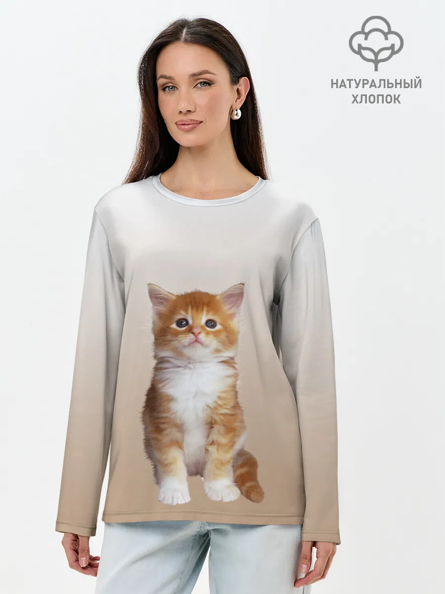 Лонгслив женский. Хлопок / бело-рыжий котенок реализм