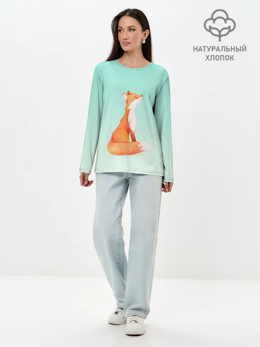 Лонгслив женский. Хлопок / нарисованный лисенок