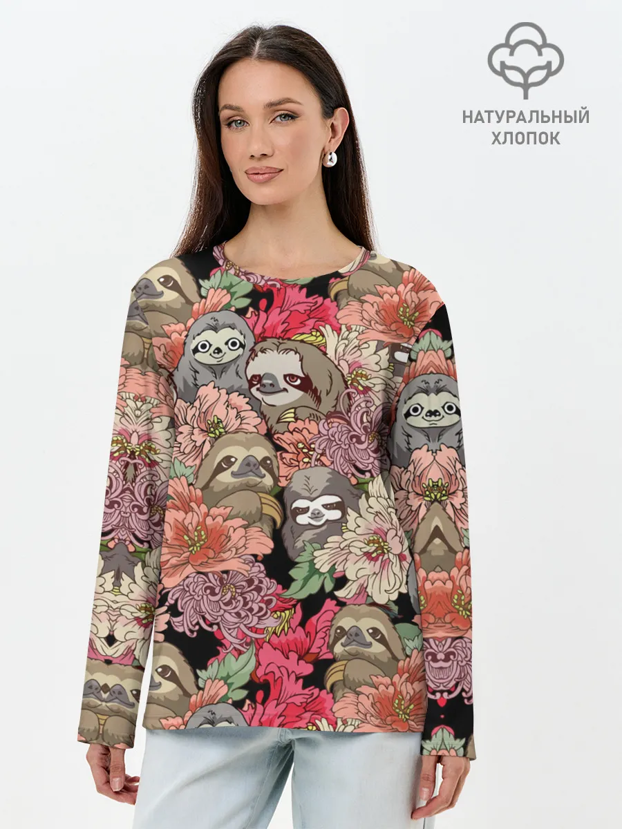 Лонгслив женский. Хлопок / Ленивец & Цветочки