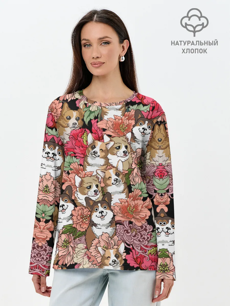 Лонгслив женский. Хлопок / Корги & Цветы