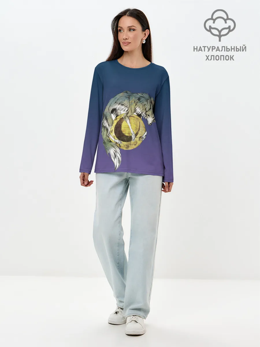 Лонгслив женский. Хлопок / волченок на луне рисунок