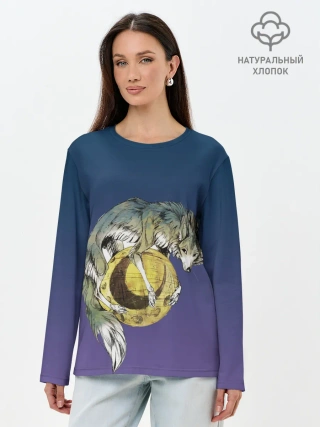 Лонгслив женский. Хлопок / волченок на луне рисунок