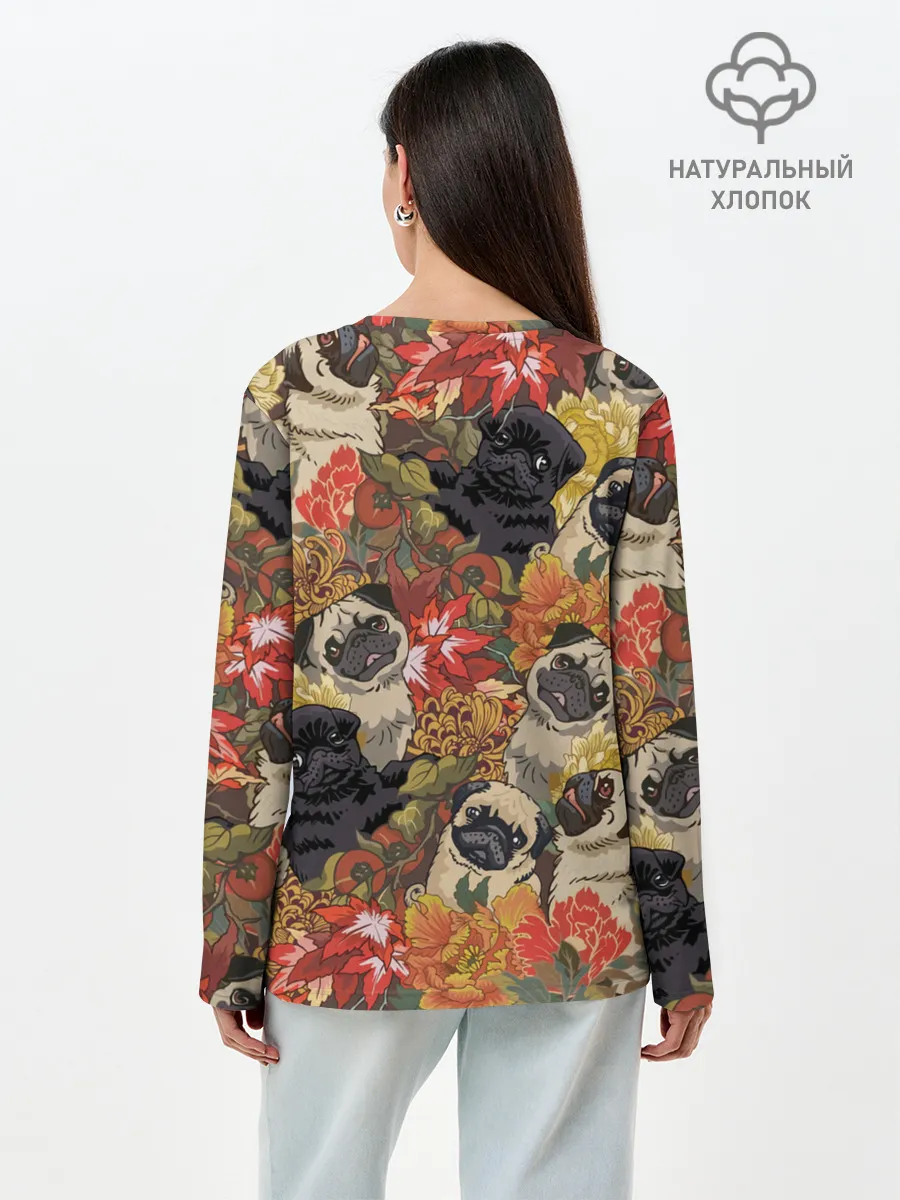 Лонгслив женский. Хлопок / Мопсики | Цветочки