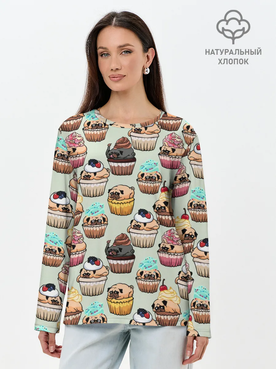 Лонгслив женский. Хлопок / Мопсы - Кексики