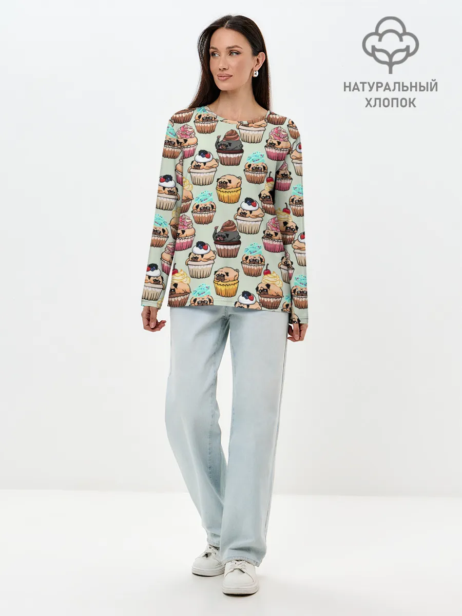 Лонгслив женский. Хлопок / Мопсы - Кексики