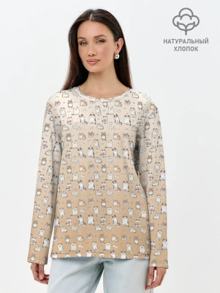 Лонгслив женский. Хлопок / много котиков узор
