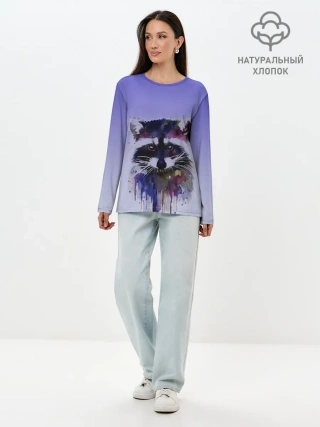 Лонгслив женский. Хлопок / енот акварелью потеки