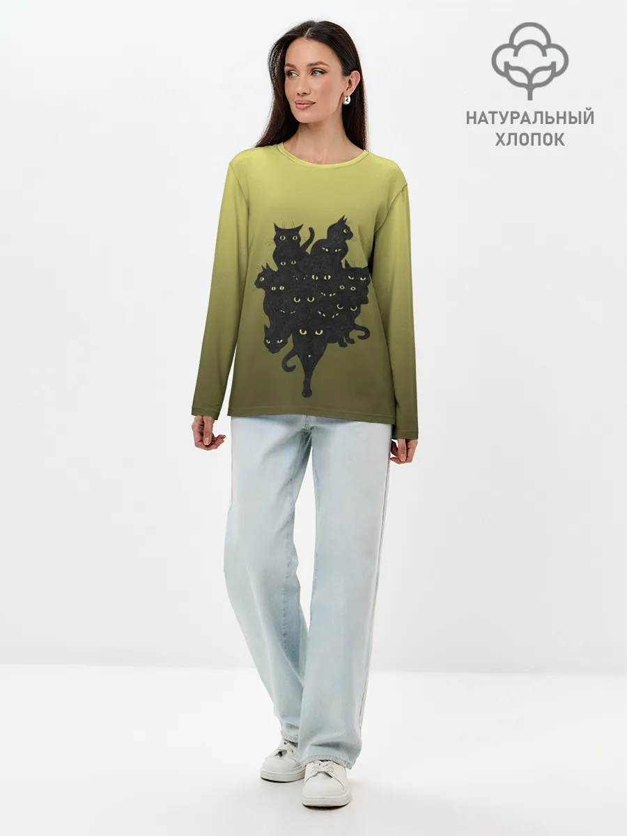 Лонгслив женский. Хлопок / много черных котов