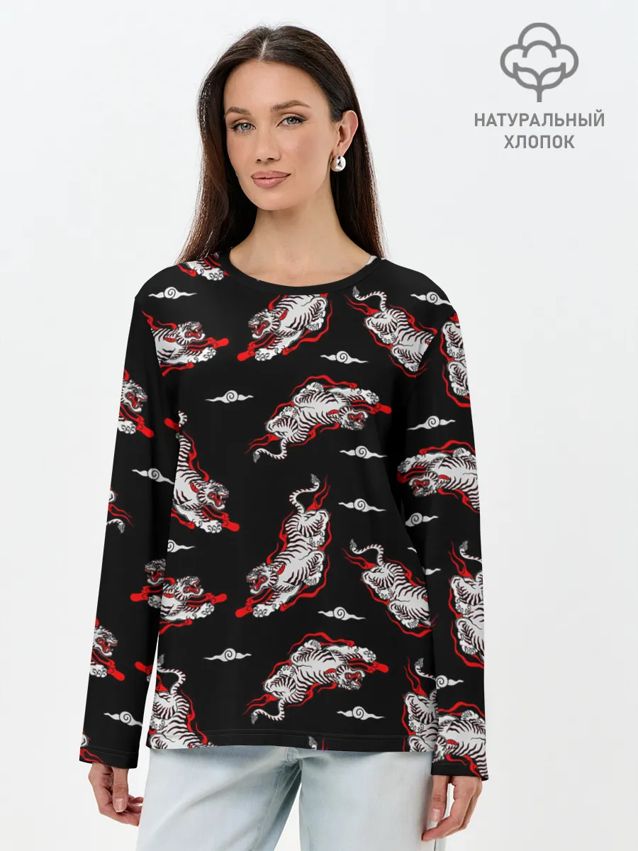 Лонгслив женский. Хлопок / Японский стиль - тигры