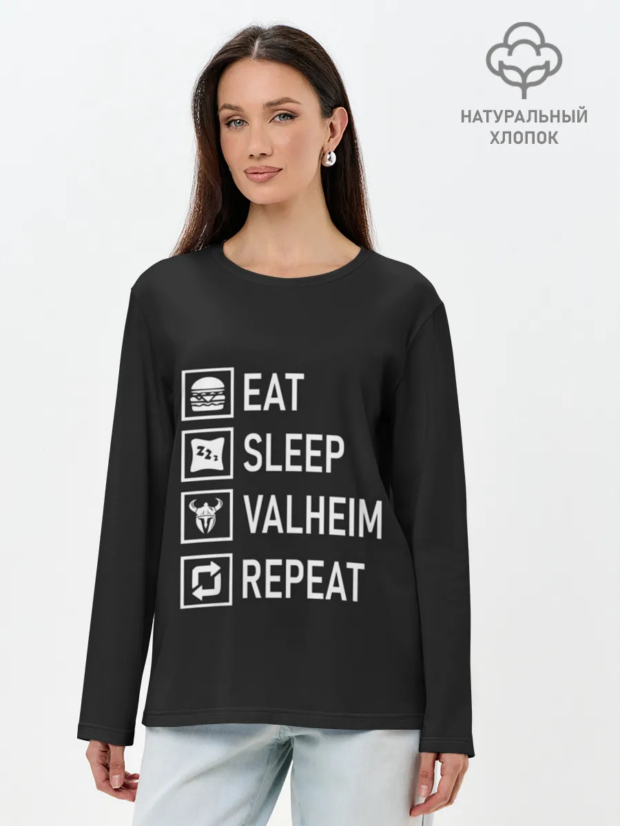 Лонгслив женский. Хлопок / Eat/Sleep/Valheim/Repeat