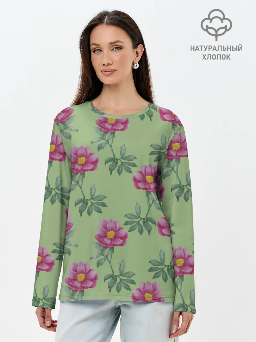 Лонгслив женский. Хлопок / Пионы на светло зеленом фоне