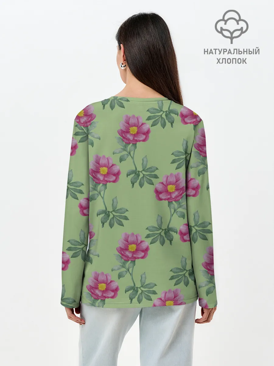 Лонгслив женский. Хлопок / Пионы на светло зеленом фоне