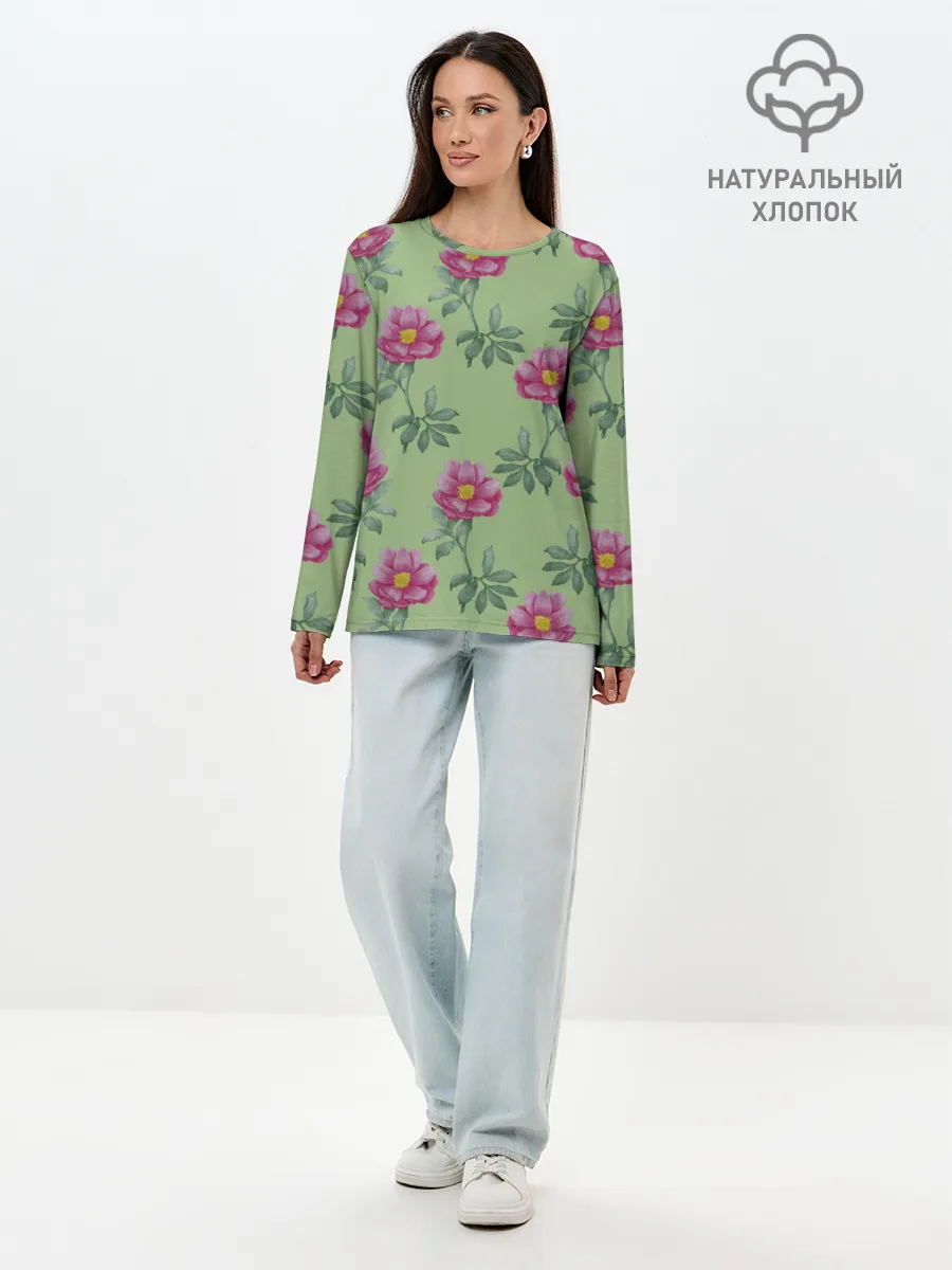 Лонгслив женский. Хлопок / Пионы на светло зеленом фоне