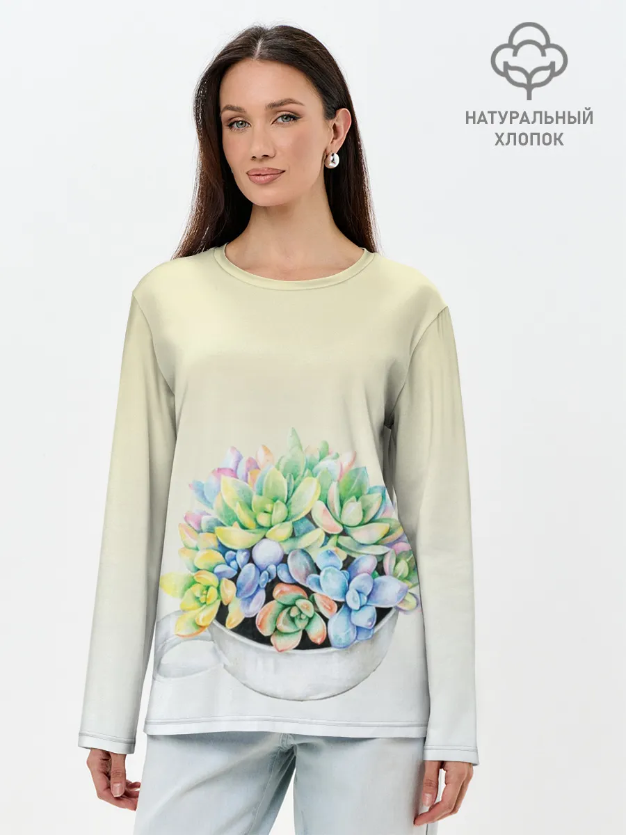 Лонгслив женский. Хлопок / Чашка с суккулентами