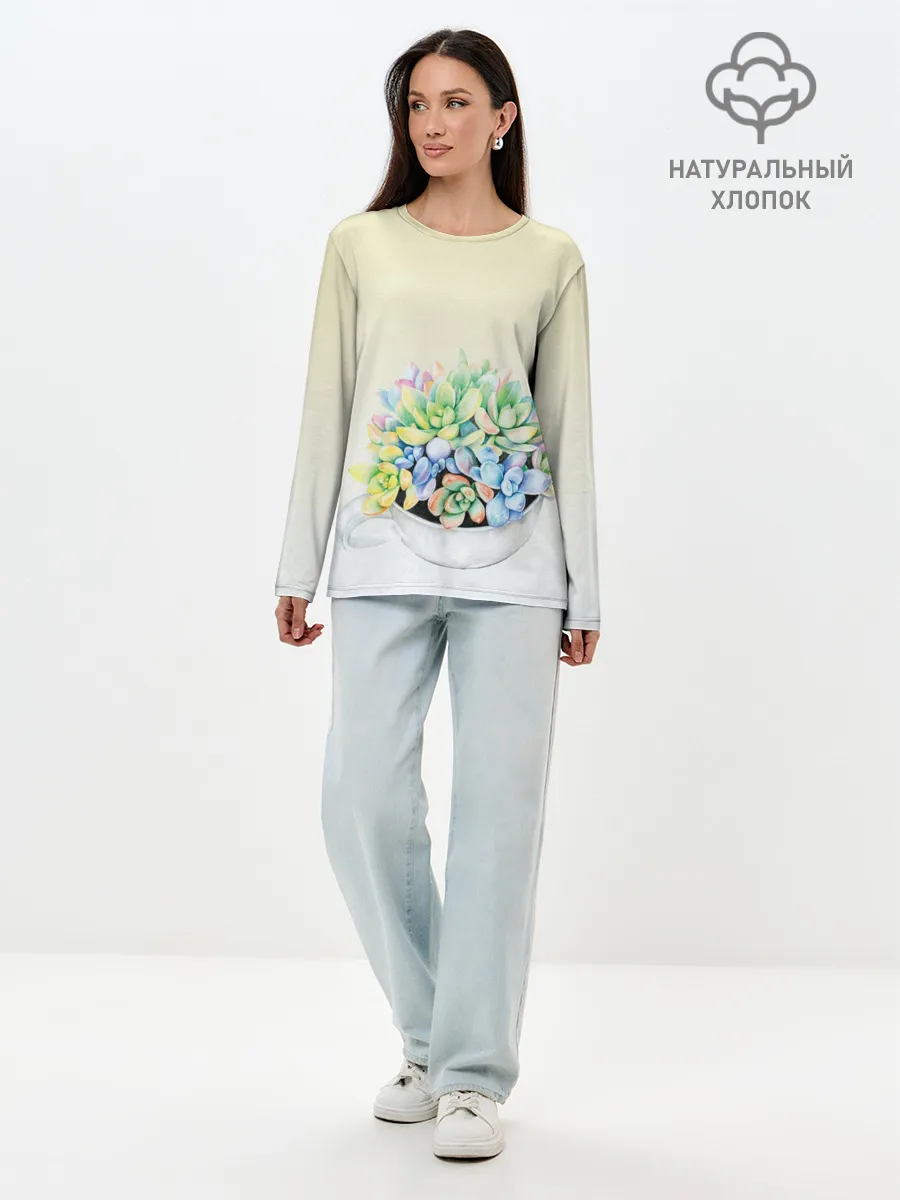 Лонгслив женский. Хлопок / Чашка с суккулентами