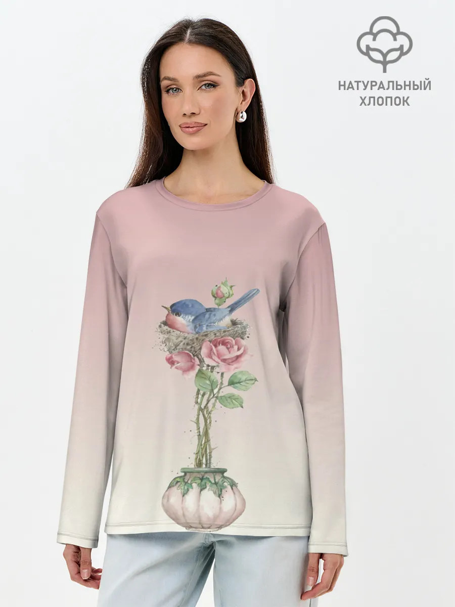 Лонгслив женский. Хлопок / Птичка в гнезде роза