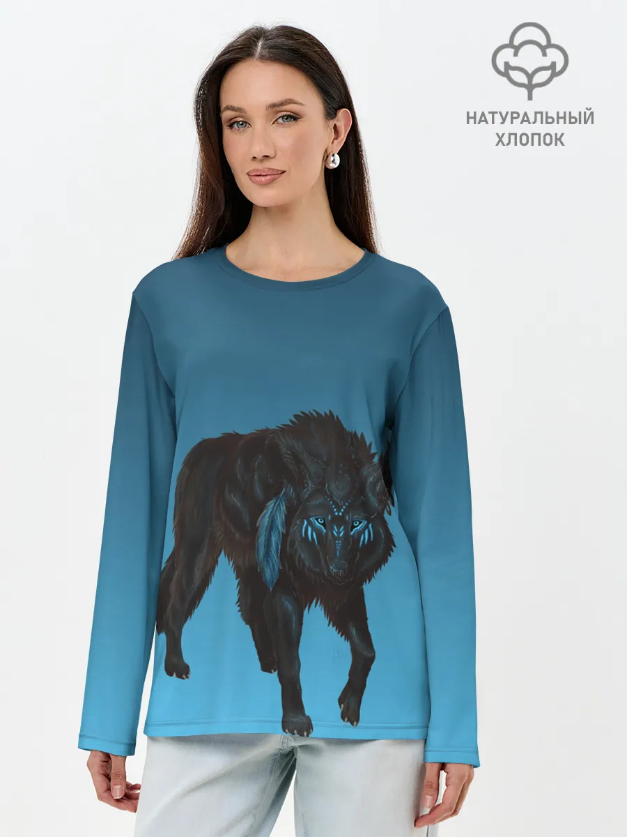 Лонгслив женский. Хлопок / черный дух волка