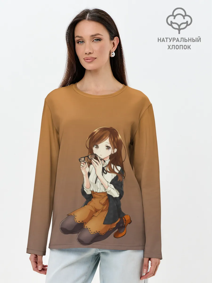 Лонгслив женский. Хлопок / анимешная девочка очки офис