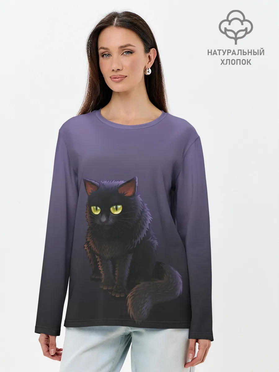 Лонгслив женский. Хлопок / черный кот на фиолетовом