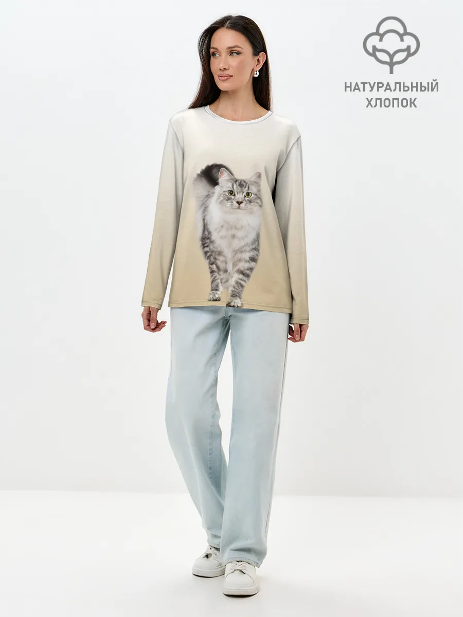 Лонгслив женский. Хлопок / Пушистый котик реалистичный