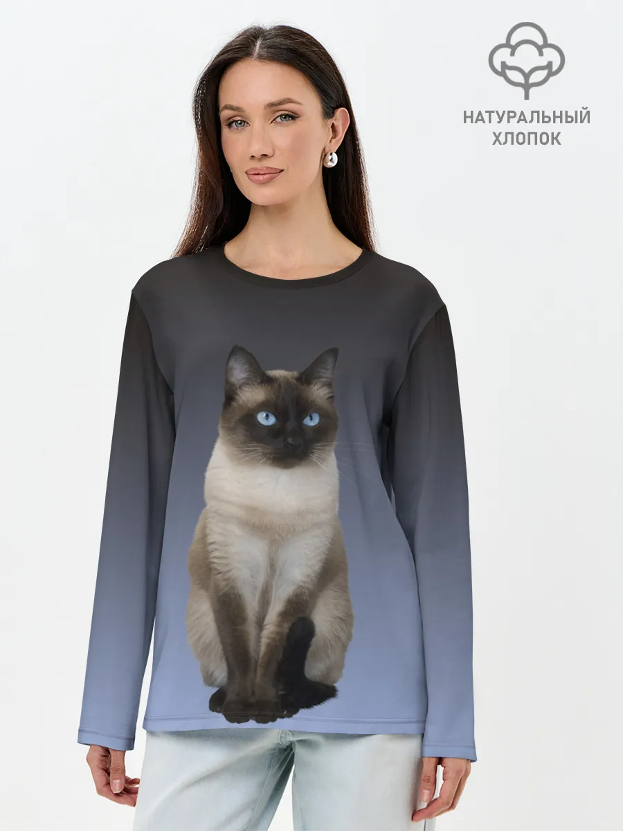 Лонгслив женский. Хлопок / сиамская милая кошечка