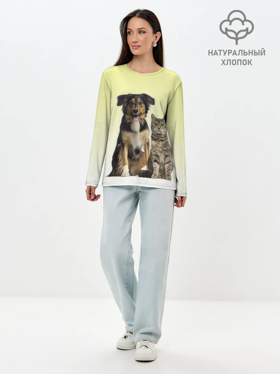 Лонгслив женский. Хлопок / кошка и собака друзья