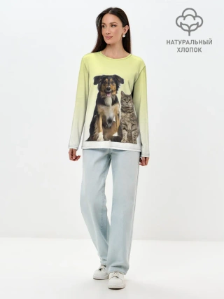 Лонгслив женский. Хлопок / кошка и собака друзья