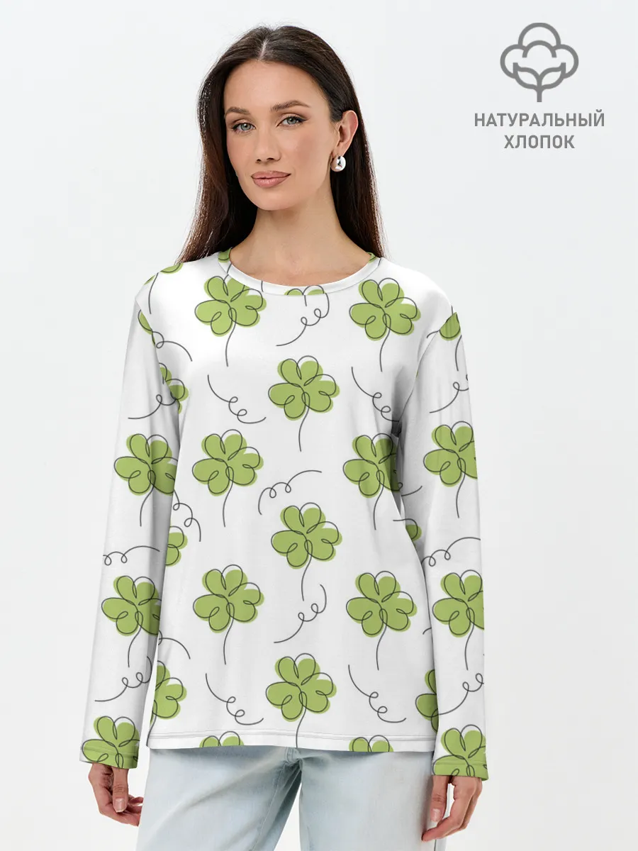 Лонгслив женский. Хлопок / Клевер на День святого Патрика