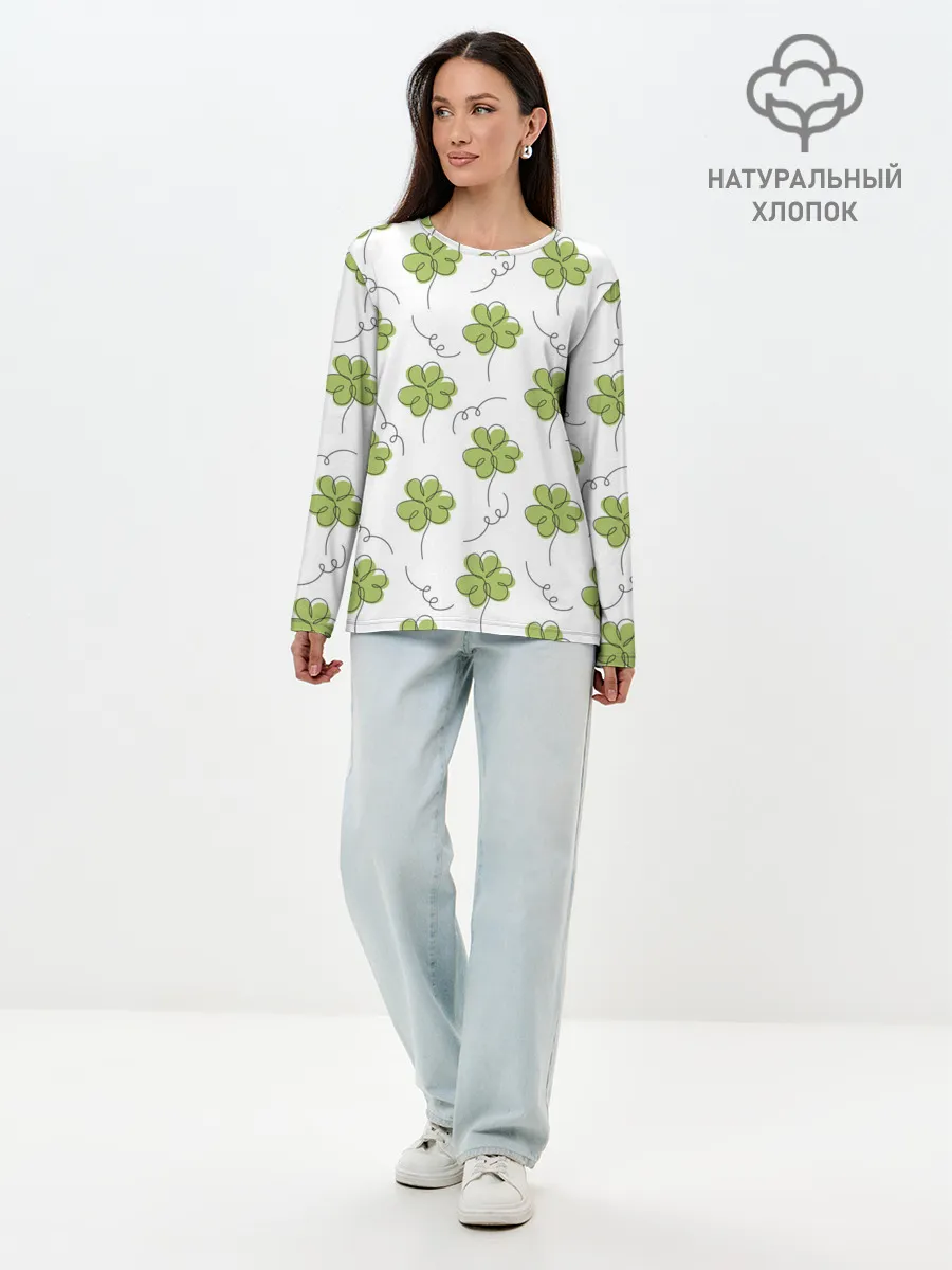 Лонгслив женский. Хлопок / Клевер на День святого Патрика
