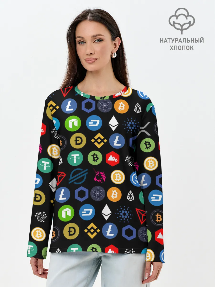Лонгслив женский. Хлопок / ЛОГОТИПЫ КРИПТОВАЛЮТ | CRYPTOCURRENCIES