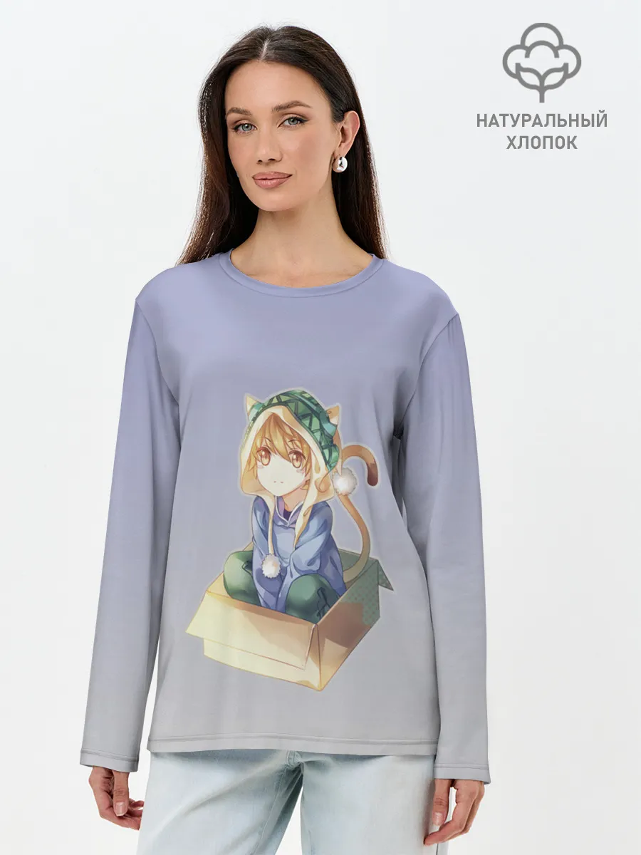 Лонгслив женский. Хлопок / мальчик кот в коробке уши мяу
