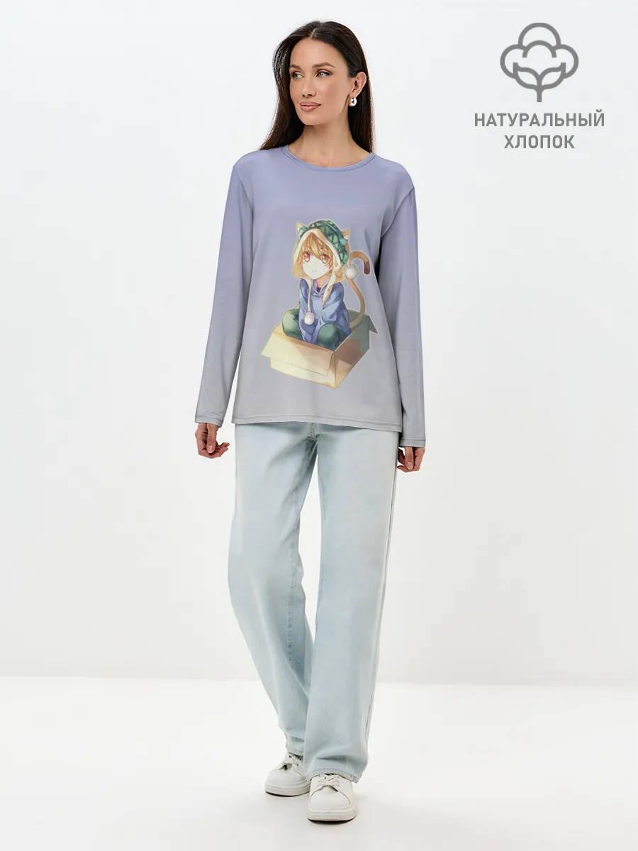 Лонгслив женский. Хлопок / мальчик кот в коробке уши мяу