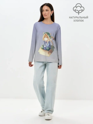 Лонгслив женский. Хлопок / мальчик кот в коробке уши мяу