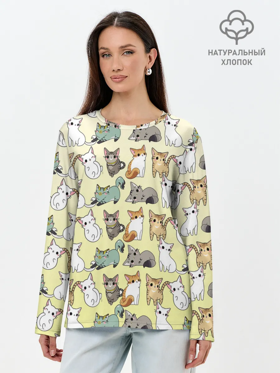 Лонгслив женский. Хлопок / мультяшные котики на желтом мя