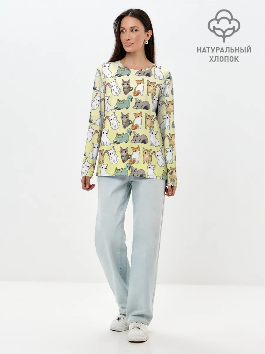Лонгслив женский. Хлопок / мультяшные котики на желтом мя
