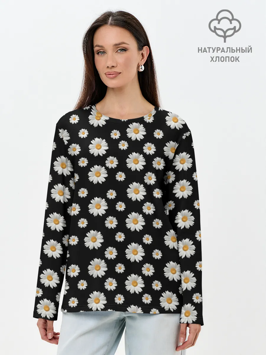 Лонгслив женский. Хлопок / Ромашки на чёрном