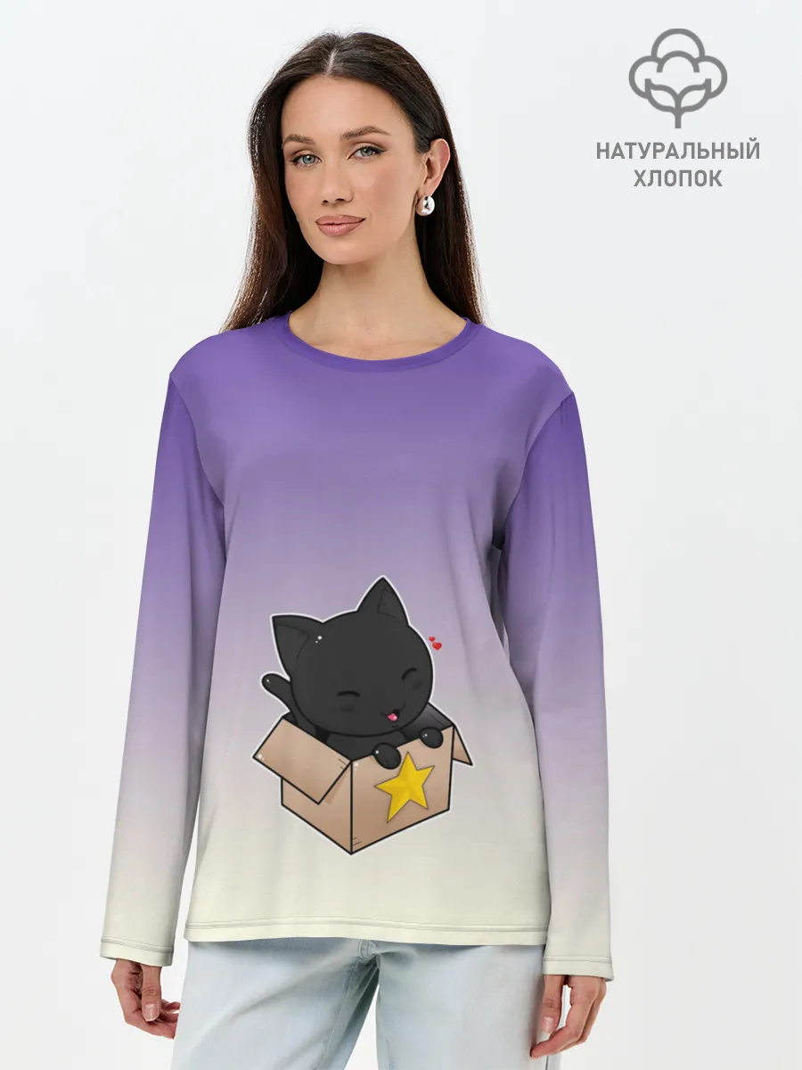 Лонгслив женский. Хлопок / черный котенок в коробке