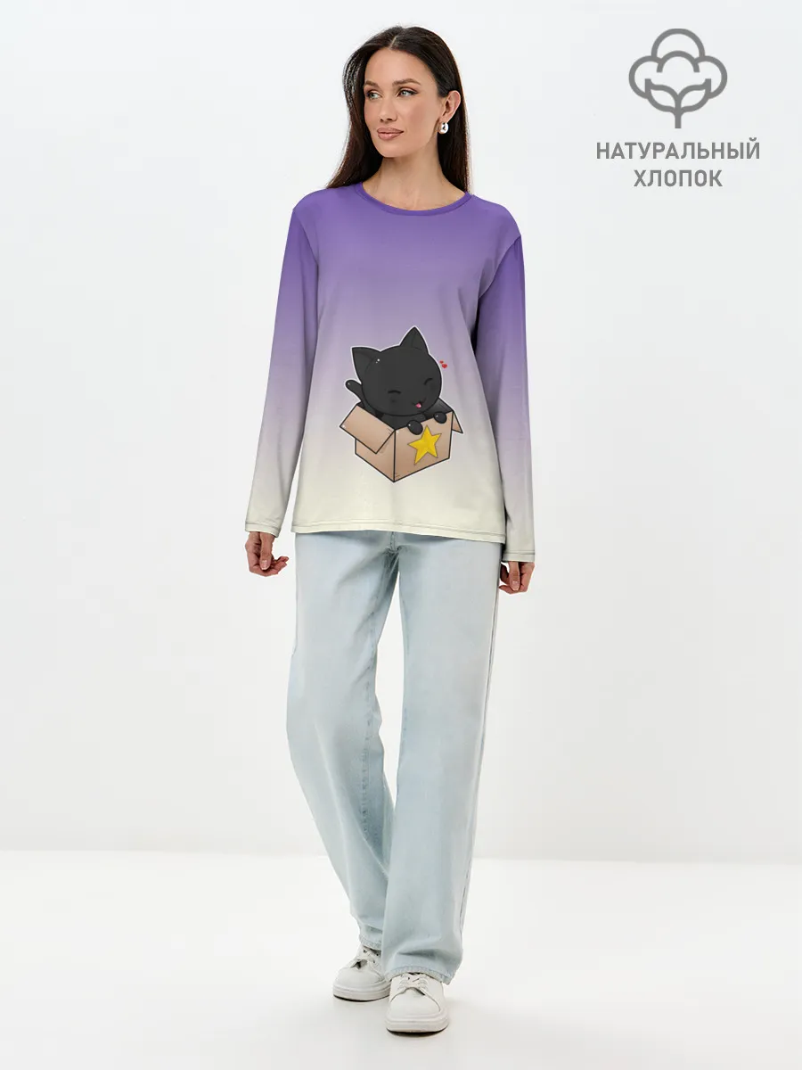 Лонгслив женский. Хлопок / черный котенок в коробке