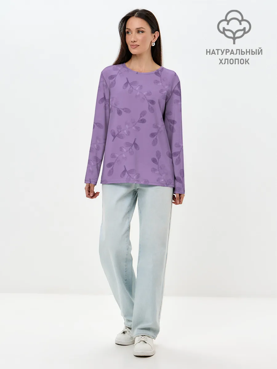 Лонгслив женский. Хлопок / Листья на фиолетовом фоне