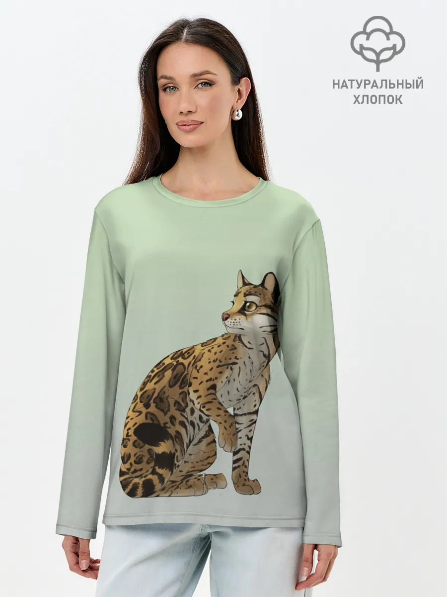 Лонгслив женский. Хлопок / дикий кот оцелот