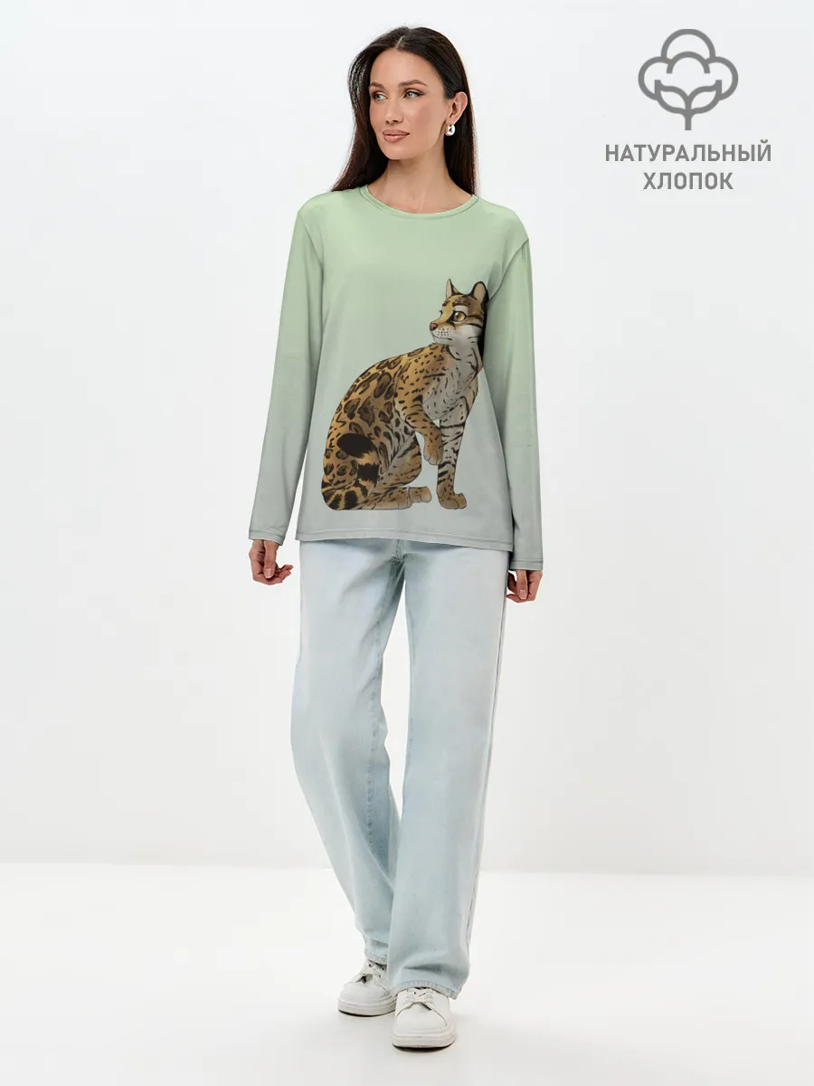 Лонгслив женский. Хлопок / дикий кот оцелот