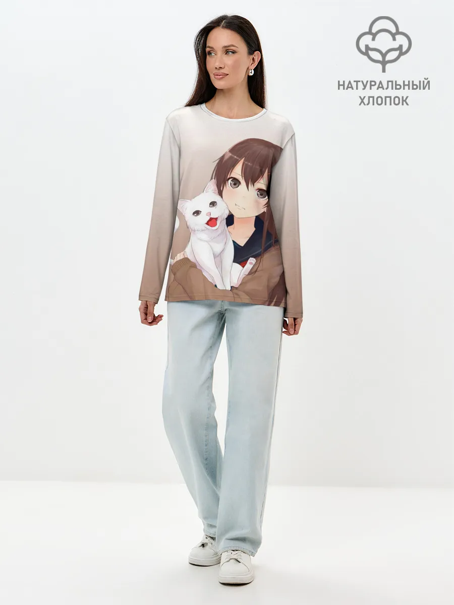 Лонгслив женский. Хлопок / Девочка и белый кот аниме