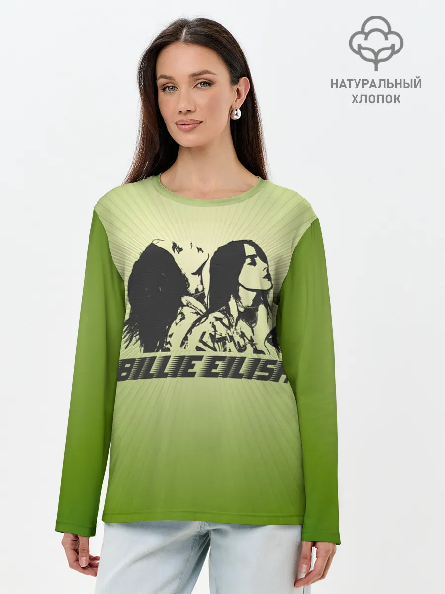 Лонгслив женский. Хлопок / Билли Айлиш на зеленом фоне